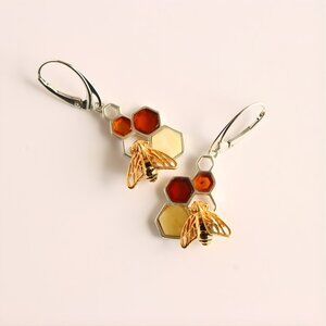 Baltic Amber Earrings- Gold Bee and Honeycomb Design -Sterling Silver